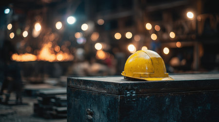 Yellow Hard Hat on a Wooden Box with Blurred Background of an Industrial Workshop during Night Time with Soft Glowing Lightsの素材