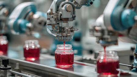 Robotic Arm Filling Glass Jars with Red Liquid Beverage on an Automated Production Line in a Factory Settingの素材