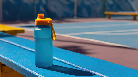Vibrant Blue Water Bottle with Yellow Lid on Brightly Colored Bench in Summer Sports Setting at Outdoor Tennis Courtの素材
