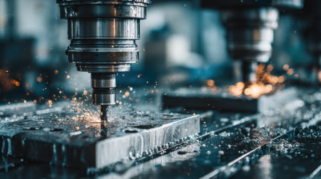 High-Precision CNC Machine Cutting Metal with Sparks in a Modern Manufacturing Facility for Industrial and Engineering Applicationsの素材
