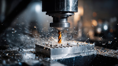 Precision machining with a cutting tool in action producing metal shavings in a well-lit industrial workshop setting showcasing advanced technologyの素材