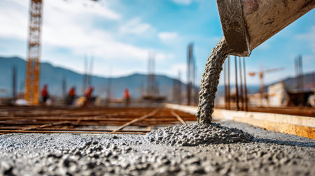 Pouring Fresh Concrete at Construction Site with Workers in Background, Building Framework, and Scenic Mountain View Under Clear Skyの素材