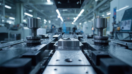 Close-Up View of Precision Engineering Machinery in a Modern Manufacturing Facility with Sharp Focus on Metal Components and Work Surfaceの素材