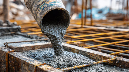 Concrete Pouring Process at Construction Site with Close-up of Pipe Discharging Fresh Cement Mixture into Foundation Frameworkの素材