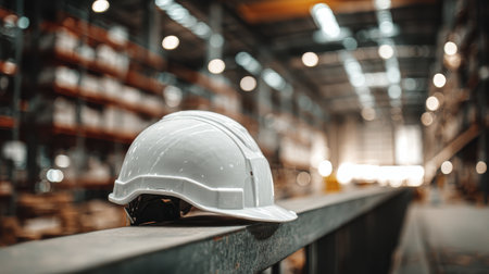 White Safety Helmet on Railing in Industrial Warehouse Environment with Soft Focus Background Lightingの素材