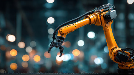 Industrial robotic arm in a modern factory setting with blurred background showcasing advanced automation technology and production efficiency.の素材