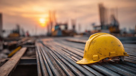 Yellow Hard Hat on Construction Site with Sunset Background and Steel Bars, Symbolizing Safety and Work in Progress in Urban Developmentの素材