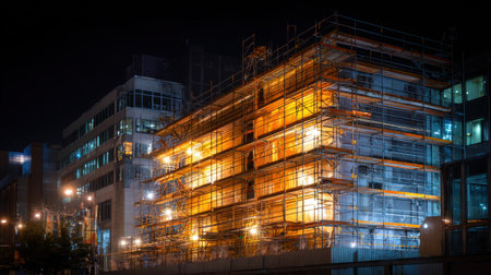Nighttime Construction Site with Brightly Lit Scaffolding and Building Framework Under Urban City Lightsの素材