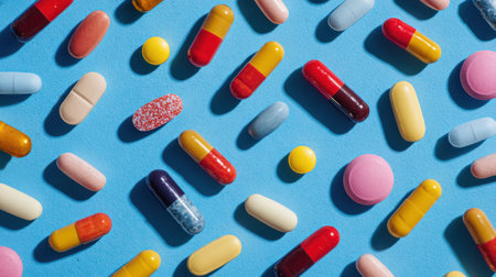 Colorful Assortment of Pills and Capsules on Blue Background Ideal for Health and Medicine Themesの素材