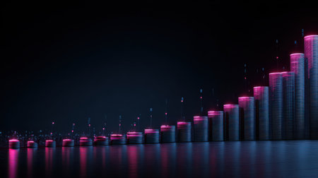 Futuristic financial growth concept with vibrant neon bars and coins representing digital currency and investment in a high-tech environmentの素材
