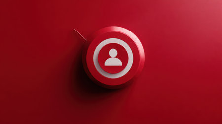 Minimalist red background featuring a circular icon with a silhouette of a person symbolizing user profile and social networking concepts in technologyの素材