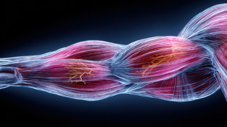 Detailed Anatomy of Human Muscle Structure with Vibrant Colors and Intricate Fiber Connections Depicted in Artistic 3D Visualizationの素材