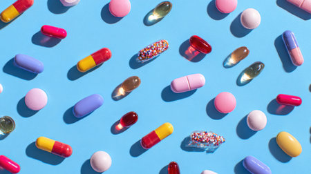 Vibrant Array of Colorful Capsules and Pills on a Bright Blue Surface for Medical and Wellness Themesの素材