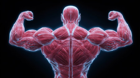 Detailed Anatomy Illustration of Human Musculature Highlighting Major Muscle Groups in Strong Pose Against Dark Backgroundの素材