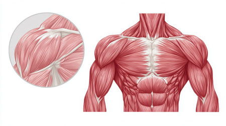 Detailed Anatomical Illustration of Human Upper Body Muscles Featuring Pectorals, Deltoids, and Biceps for Educational and Medical Useの素材