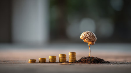 Creative Concept of Brain Growth Symbolizing Investment in Knowledge and Education with Coins on Soil Backgroundの素材