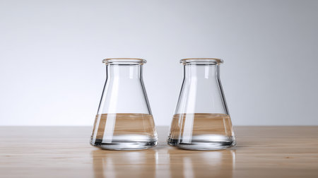 Two Clear Glass Laboratory Flasks with Liquid on a Wooden Surface in Soft Natural Light, Minimalist Scientific Conceptの素材
