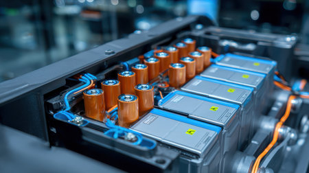 Close-Up View of Advanced Battery Technology with Orange Cells and Wiring in Electric Vehicle Power System for Sustainable Energy Solutionsの素材