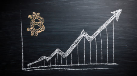 Bitcoin Growth Chart Concept Illustration on Chalkboard Demonstrating Financial Trends and Market Dynamics for Cryptocurrency Enthusiastsの素材