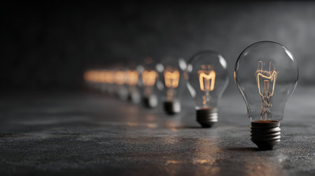 Row of Vintage Light Bulbs Illuminating Dark Surface with Soft Focus and Depth of Field Creating a Warm and Inviting Atmosphere in a Studio Settingの素材