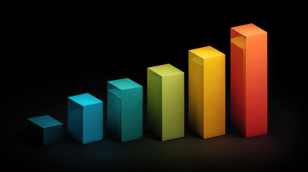 Abstract 3D Chart Representing Growth with Colorful Bars on Black Background for Business and Finance Conceptsの素材