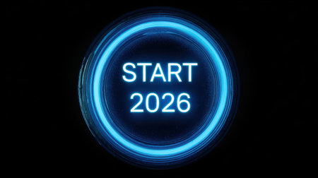 Glowing Blue Button Icon with Start 2026 Text for Digital Campaigns and Futuristic Themesの素材