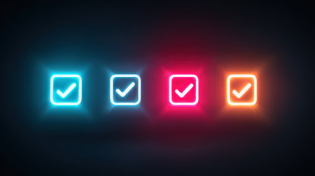 Neon glowing check marks in colorful squares on dark background in modern design, representing approval, completion, or success visually appealingの素材