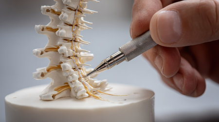 Detailed Examination of Spinal Anatomy with a Focus on Nerves and Vertebrae Using Precision Tool in a Clinical or Educational Settingの素材