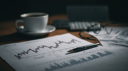 Business Analysis Report with Coffee, Pen, and Calculator on Wooden Table for Financial Study and Market Researchの素材