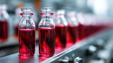 Close-Up of Glass Vials Containing Vibrant Red Liquid in a Modern Laboratory Setting with Soft Background Focusの素材