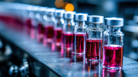 Rows of vial bottles containing vibrant red liquid on a production line in a modern laboratory setting, showcasing industrial pharmaceutical processes and precisionの素材