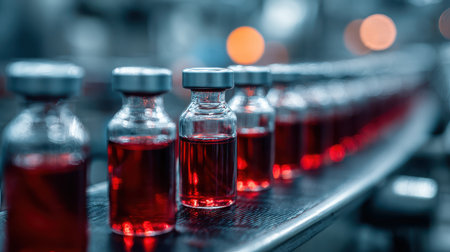 Red Liquid Vials on Production Line with Blurred Background and Soft Bokeh Effect Showing Pharmaceutical Manufacturing Processの素材