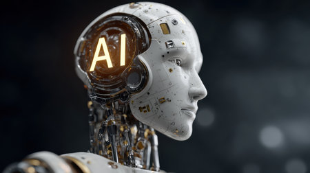 Futuristic Robot Head with Illuminated AI Concept Showcasing Advanced Technology and Innovation in Artificial Intelligence and Robotics Designの素材