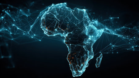 Abstract Digital Representation of Africa with Network Connections and Data Streams on Dark Background for Technology and Innovation Themesの素材