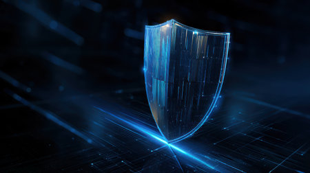 Digital Shield Concept Representing Cybersecurity Protection in Modern Technology, Futuristic Design with Blue Light Effects and Abstract Backgroundの素材