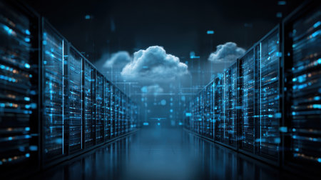 Data center technology with glowing servers and digital clouds in a futuristic environment showcasing connectivity and modern IT infrastructureの素材
