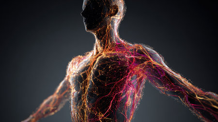 Abstract representation of human body with glowing nerve structures illustrating vibrant energy flow and life force in a dark backdropの素材