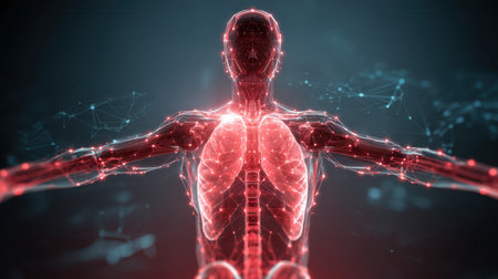 Futuristic Visualization of Human Anatomy Highlighting Internal Organs and Respiratory System in Digital Mesh Design with Red and Blue Elementsの素材