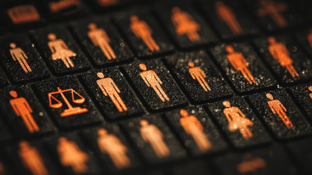 Diverse User Icons on a Keyboard with Scales Symbolizing Equality and Justice for Inclusion in Digital Platforms and Social Connectionsの素材