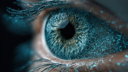 Close-Up View of Futuristic Human Eye with Digital Elements and Sparkling Particles, Symbolizing Technology and Visionary Conceptsの素材