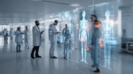 Healthcare professionals examining advanced holographic displays of human anatomy in a modern medical facility setting with emphasis on technology and collaborationの素材