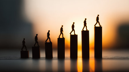 Silhouetted Figures Progressing Upward on Bar Graph at Sunset Symbolizing Growth and Achievement in Business and Personal Development Journeyの素材