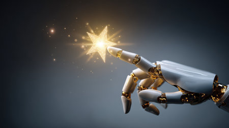Futuristic robotic hand reaching for shining star, symbolizing technology, dreams, innovation, and possibility in the digital age of advancement and inspirationの素材