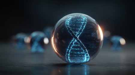 Blue and Transparent Sphere with DNA Helix Inside, Symbolizing Genetic Research, Biotech Innovations, and Scientific Discoveries in Genetics and Molecular Biologyの素材