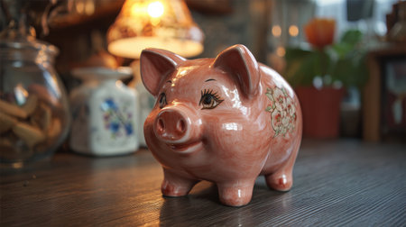 Charming ceramic piggy bank with floral design set against a cozy background, perfect for capturing a sense of nostalgia and charm in home decor.の素材