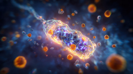 Abstract representation of a bacteria with illuminated structures and surrounding particles in a vibrant cosmic background, illustrating microbial life and scienceの素材