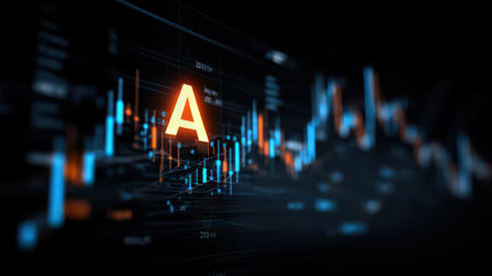 Abstract financial data visualization showing colorful graphs and indicators against a dark background with a prominent glowing letter symbolizing performance metrics.の素材