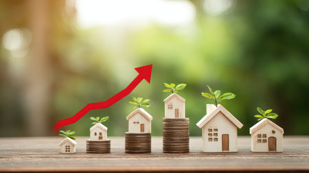 Small Wooden Houses with Green Plants on Stacked Coins Representing Real Estate Growth and Financial Investment in Sustainable Developmentの素材
