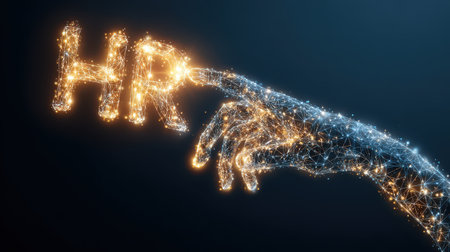 Digital Representation of Human Resources Concept with a Futuristic Hand Reaching Out to the Letters HR Illuminated in Sparkling Lightsの素材