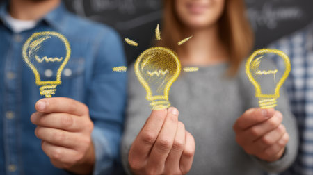 Three individuals hold glowing light bulb drawings symbolizing ideas and inspiration against a dark background, representing creativity and innovation in teamworkの素材